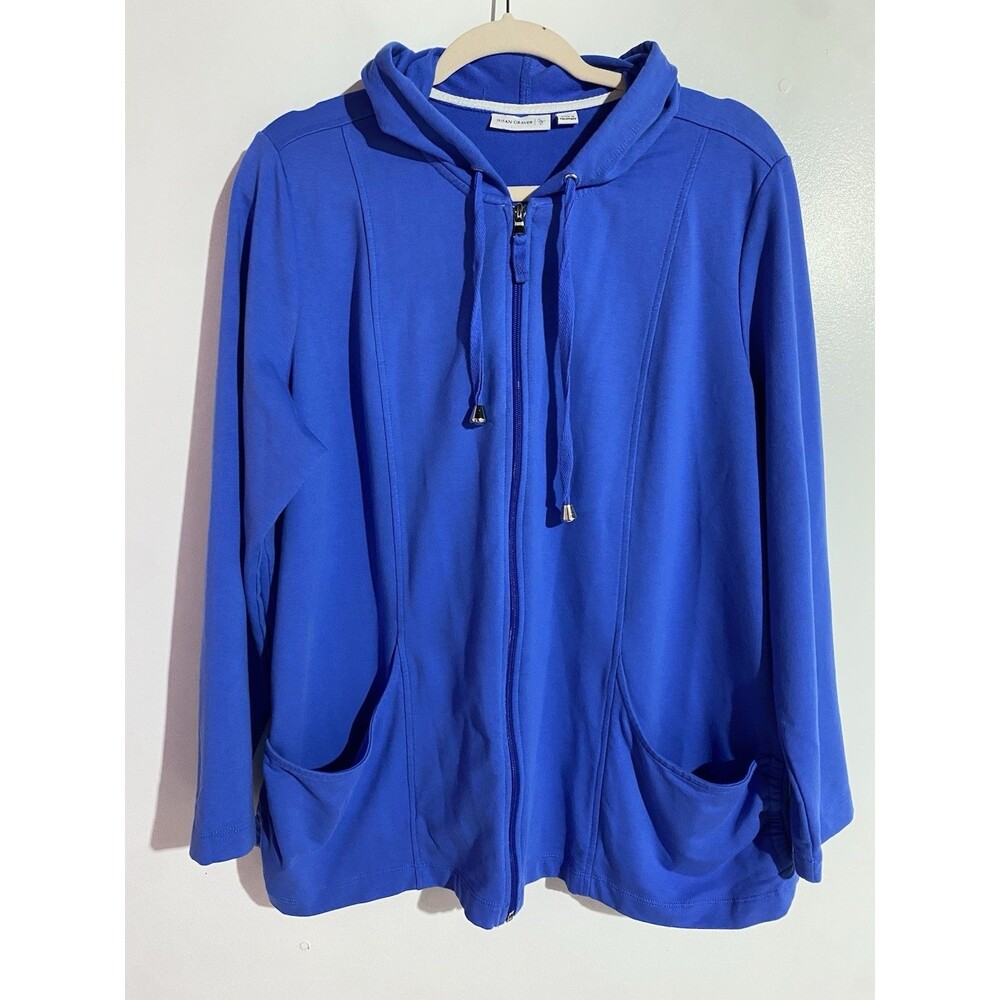 Susan Graver Zip Up Jacket 1X Blue Stretch Hooded Outdoor Athletic‎